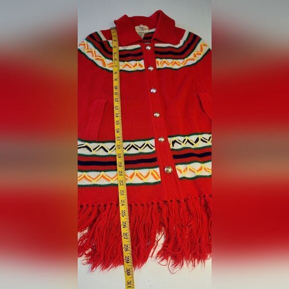 Vintage 70s Red Southwestern Knit Button Down Poncho Hippie Red - Picture 12 of 12